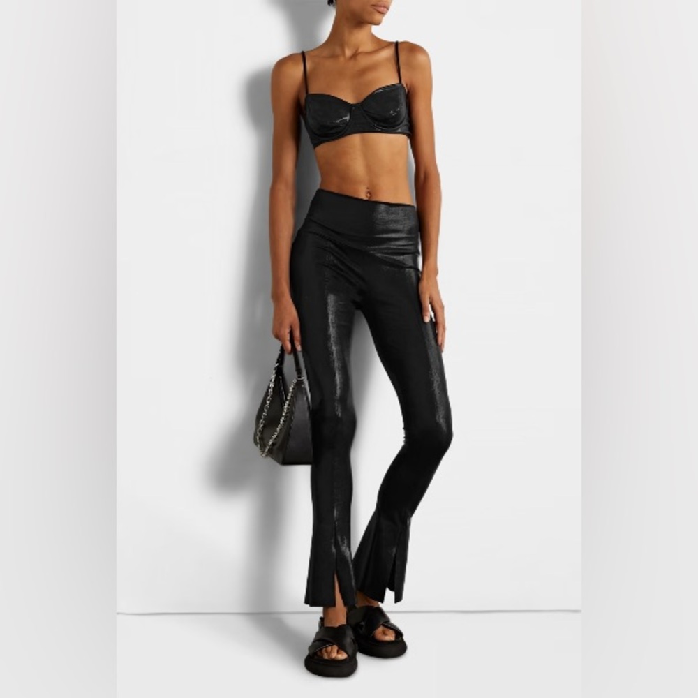 Norma Kamali Spat Split Flare Stretch Legging Pant S Black Lame Lamé Metallic